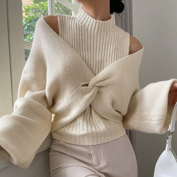 Beige Casual Women's Twist Design Cropped Knit Sweater fall winter - Picture 1 of 8